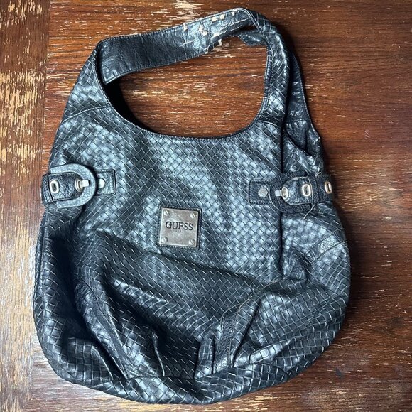 Guess Handbags - Vintage Guess Black Woven Faux Leather Hobo Shoulder Bag With Metal Logo Plate
